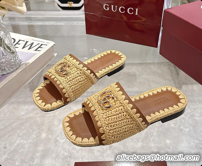 Pretty Style Gucci Double G Slide Sandals in Raffia Crochet 60702012