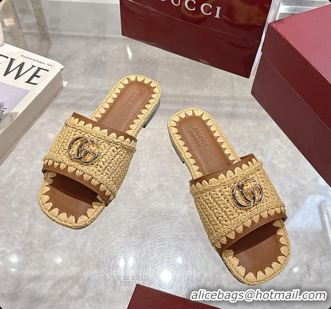 Pretty Style Gucci Double G Slide Sandals in Raffia Crochet 60702012