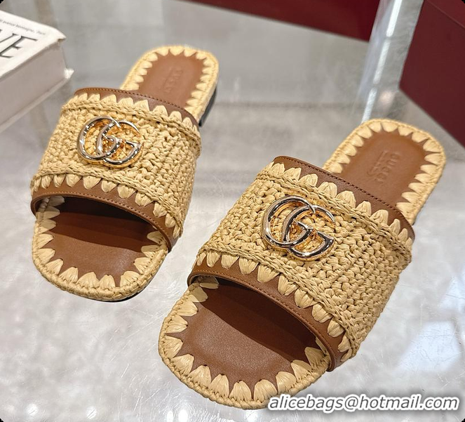Pretty Style Gucci Double G Slide Sandals in Raffia Crochet 60702012