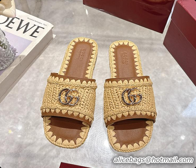 Pretty Style Gucci Double G Slide Sandals in Raffia Crochet 60702012