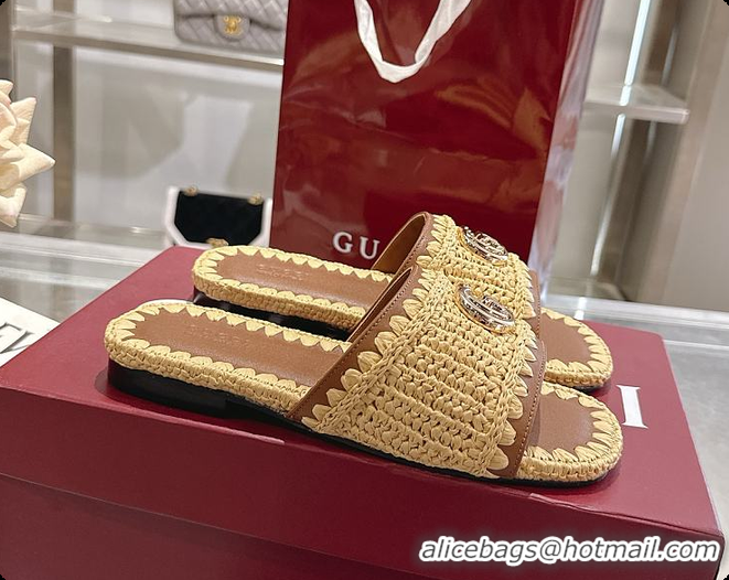 Pretty Style Gucci Double G Slide Sandals in Raffia Crochet 60702012