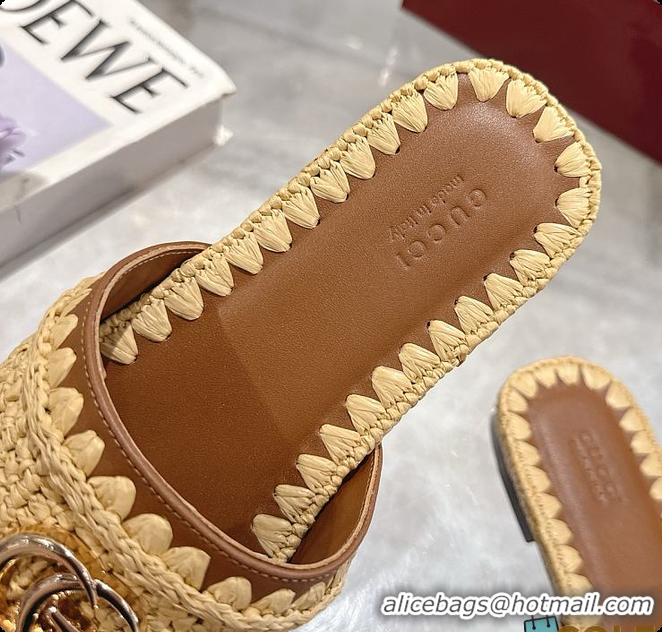 Pretty Style Gucci Double G Slide Sandals in Raffia Crochet 60702012
