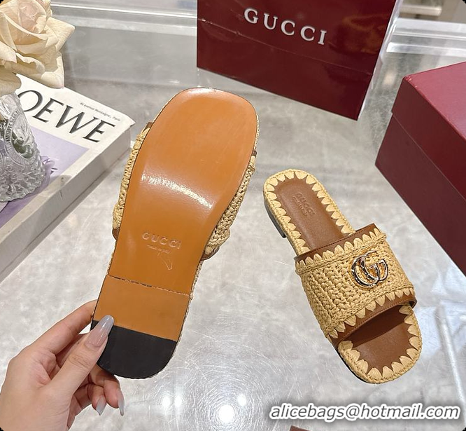 Pretty Style Gucci Double G Slide Sandals in Raffia Crochet 60702012