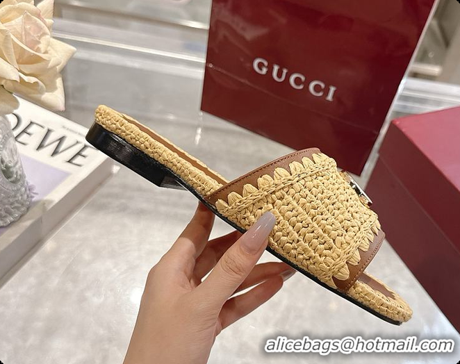 Pretty Style Gucci Double G Slide Sandals in Raffia Crochet 60702012