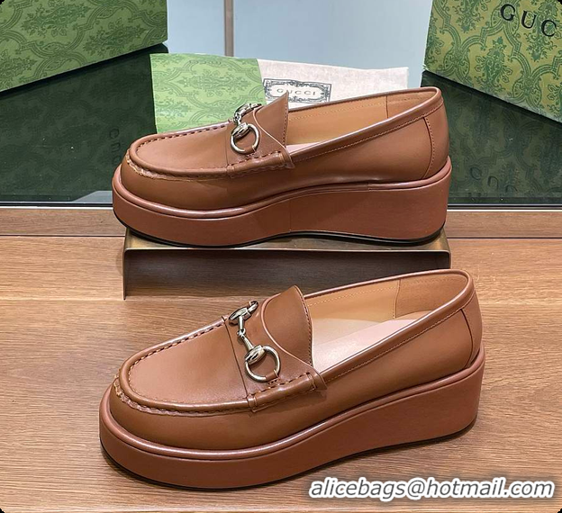 Shop Duplicate Gucci Horsebit Platform Loafer Brown 60702020