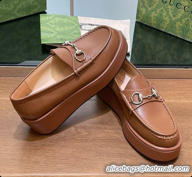 Shop Duplicate Gucci Horsebit Platform Loafer Brown 60702020