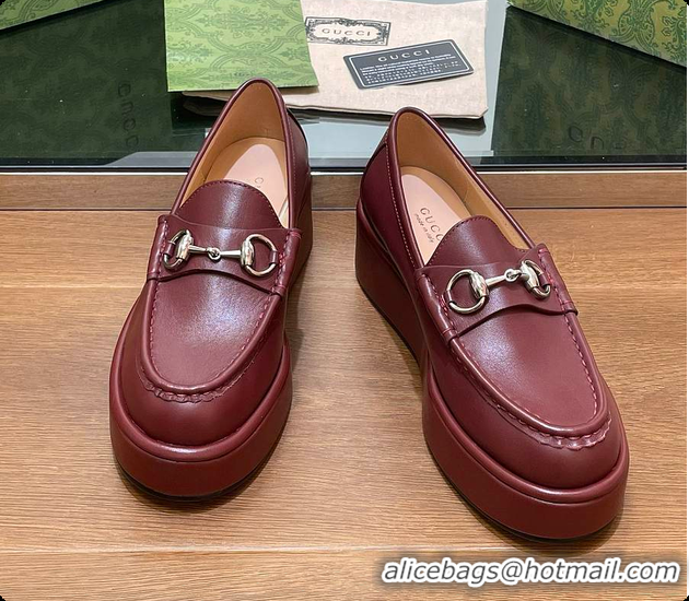 Charming Gucci Horsebit Platform Loafer Burgundy 60702020