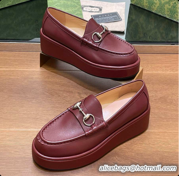 Charming Gucci Horsebit Platform Loafer Burgundy 60702020