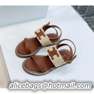 Best Grade Celine Triomphe Raffia and Calfskin Flat Sandals Brown 0702114