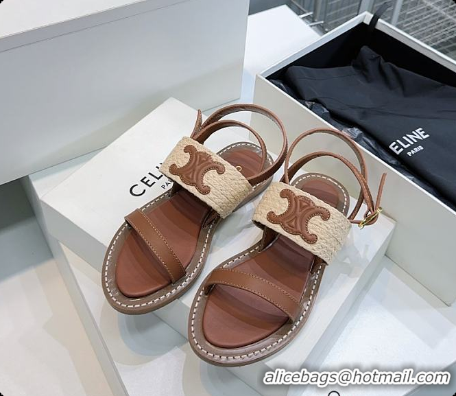 Best Grade Celine Triomphe Raffia and Calfskin Flat Sandals Brown 0702114