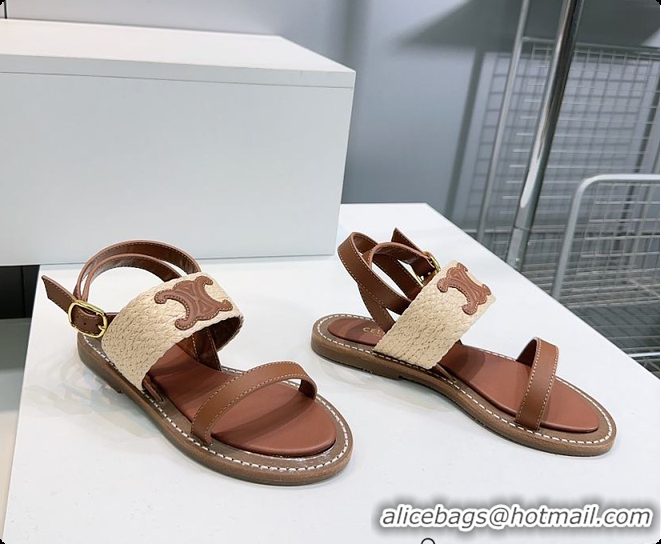 Best Grade Celine Triomphe Raffia and Calfskin Flat Sandals Brown 0702114