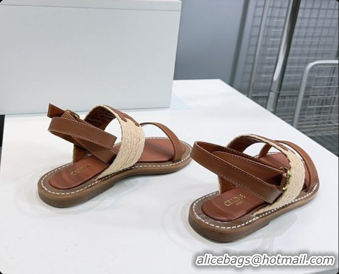 Best Grade Celine Triomphe Raffia and Calfskin Flat Sandals Brown 0702114