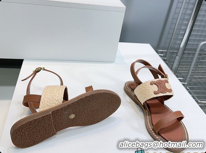 Best Grade Celine Triomphe Raffia and Calfskin Flat Sandals Brown 0702114