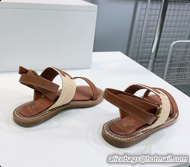 Best Grade Celine Triomphe Raffia and Calfskin Flat Sandals Brown 0702114