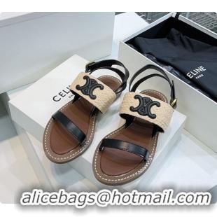 Duplicate Celine Triomphe Raffia and Calfskin Flat Sandals Black 0702114