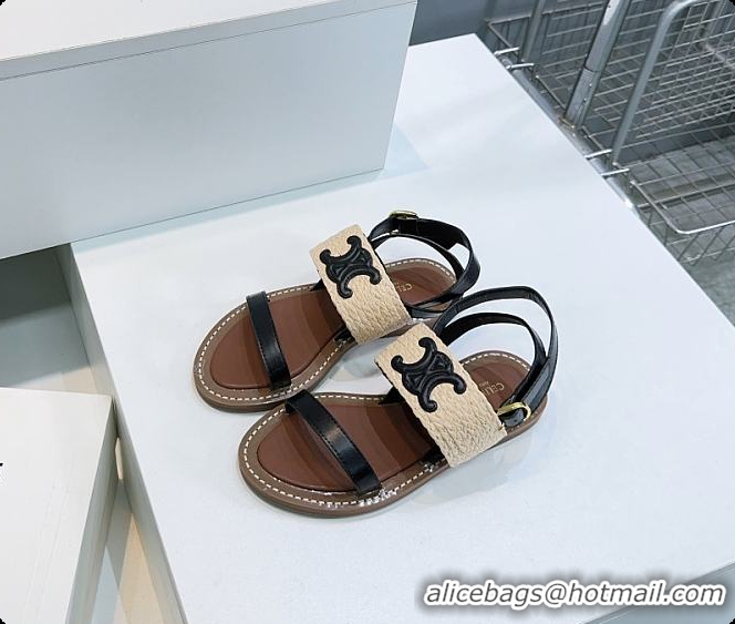 Duplicate Celine Triomphe Raffia and Calfskin Flat Sandals Black 0702114