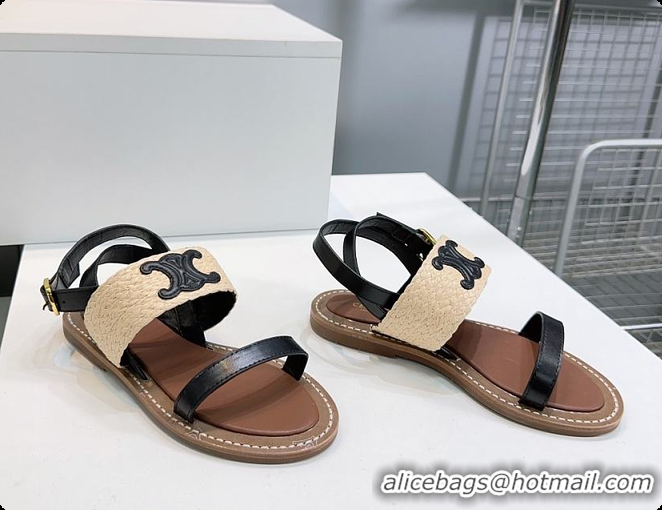 Duplicate Celine Triomphe Raffia and Calfskin Flat Sandals Black 0702114