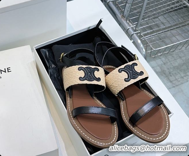 Duplicate Celine Triomphe Raffia and Calfskin Flat Sandals Black 0702114