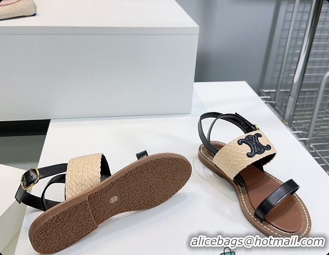 Duplicate Celine Triomphe Raffia and Calfskin Flat Sandals Black 0702114