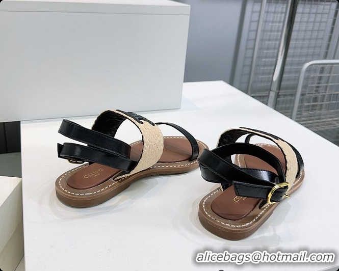Duplicate Celine Triomphe Raffia and Calfskin Flat Sandals Black 0702114