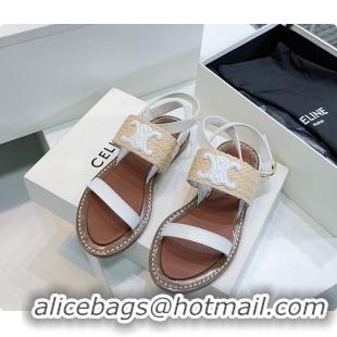 Cheap Price Celine Triomphe Raffia and Calfskin Flat Sandals White 0702114