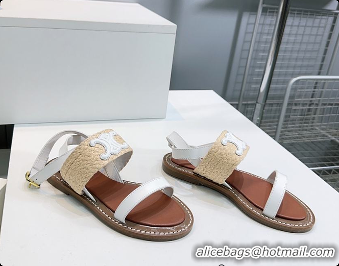 Cheap Price Celine Triomphe Raffia and Calfskin Flat Sandals White 0702114