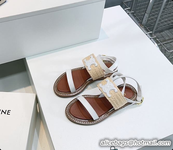 Cheap Price Celine Triomphe Raffia and Calfskin Flat Sandals White 0702114