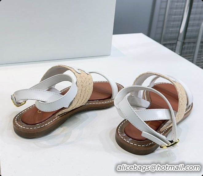 Cheap Price Celine Triomphe Raffia and Calfskin Flat Sandals White 0702114