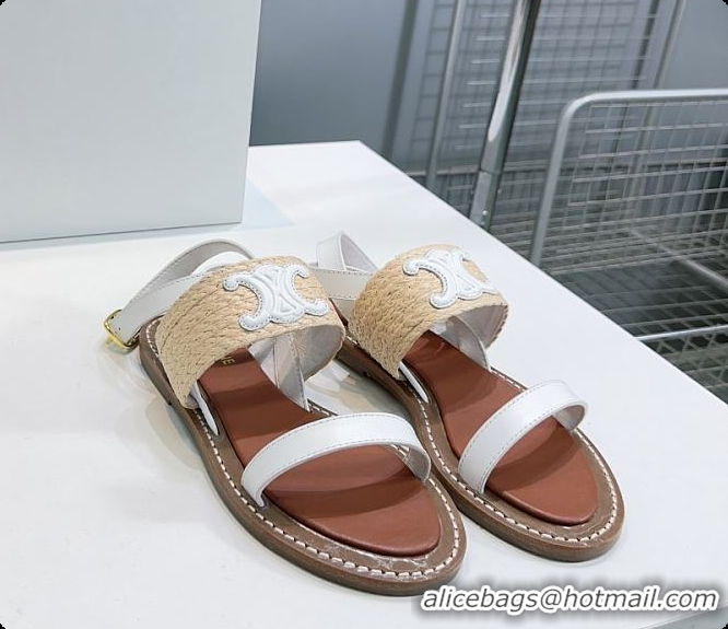 Cheap Price Celine Triomphe Raffia and Calfskin Flat Sandals White 0702114