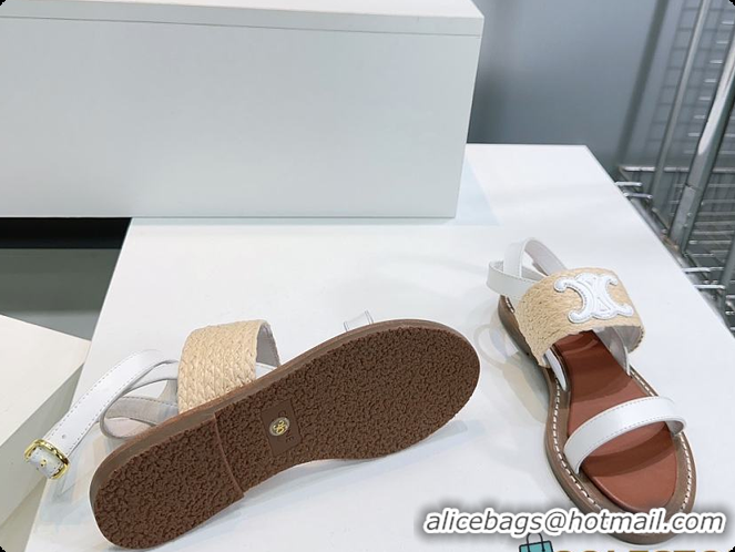 Cheap Price Celine Triomphe Raffia and Calfskin Flat Sandals White 0702114