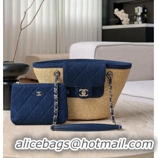 Promotional Chanel Coco Beach Small Shopping Bag Braided Straw/Canvas/Lambskin & Gold-Tone Metal CH5915 Blue Denim/Black