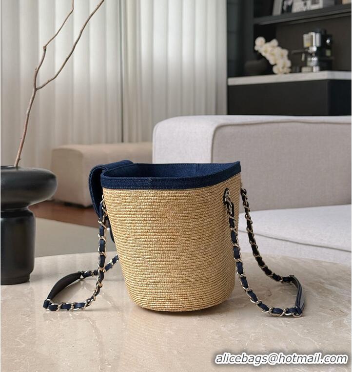 Promotional Chanel Coco Beach Small Shopping Bag Braided Straw/Canvas/Lambskin & Gold-Tone Metal CH5915 Blue Denim/Black