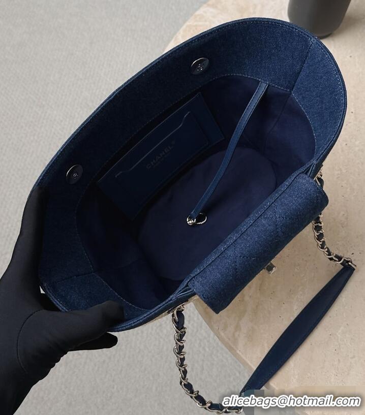 Promotional Chanel Coco Beach Small Shopping Bag Braided Straw/Canvas/Lambskin & Gold-Tone Metal CH5915 Blue Denim/Black