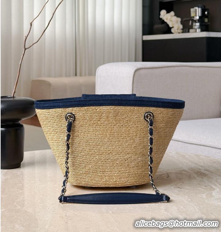 Promotional Chanel Coco Beach Small Shopping Bag Braided Straw/Canvas/Lambskin & Gold-Tone Metal CH5915 Blue Denim/Black