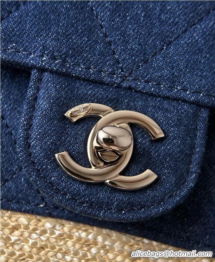 Promotional Chanel Coco Beach Small Shopping Bag Braided Straw/Canvas/Lambskin & Gold-Tone Metal CH5915 Blue Denim/Black