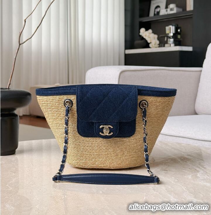 Promotional Chanel Coco Beach Small Shopping Bag Braided Straw/Canvas/Lambskin & Gold-Tone Metal CH5915 Blue Denim/Black
