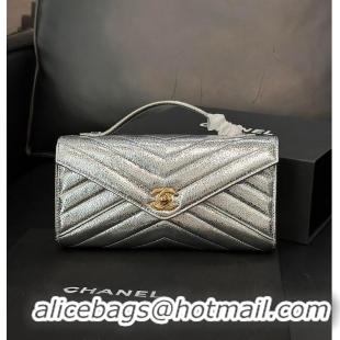 Shop Discount Chanel Metallic Aged Calfskin Chevron Quilted Top Handle Envelope Clutch AS6287 Silver 2026