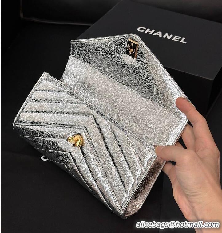 Shop Discount Chanel Metallic Aged Calfskin Chevron Quilted Top Handle Envelope Clutch AS6287 Silver 2026
