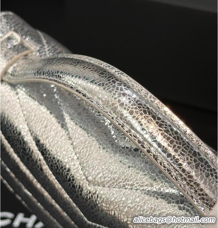 Shop Discount Chanel Metallic Aged Calfskin Chevron Quilted Top Handle Envelope Clutch AS6287 Silver 2026