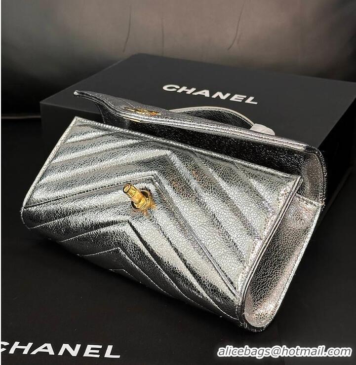 Shop Discount Chanel Metallic Aged Calfskin Chevron Quilted Top Handle Envelope Clutch AS6287 Silver 2026