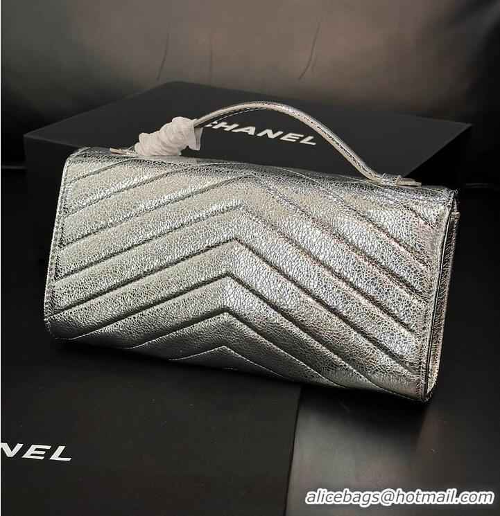 Shop Discount Chanel Metallic Aged Calfskin Chevron Quilted Top Handle Envelope Clutch AS6287 Silver 2026
