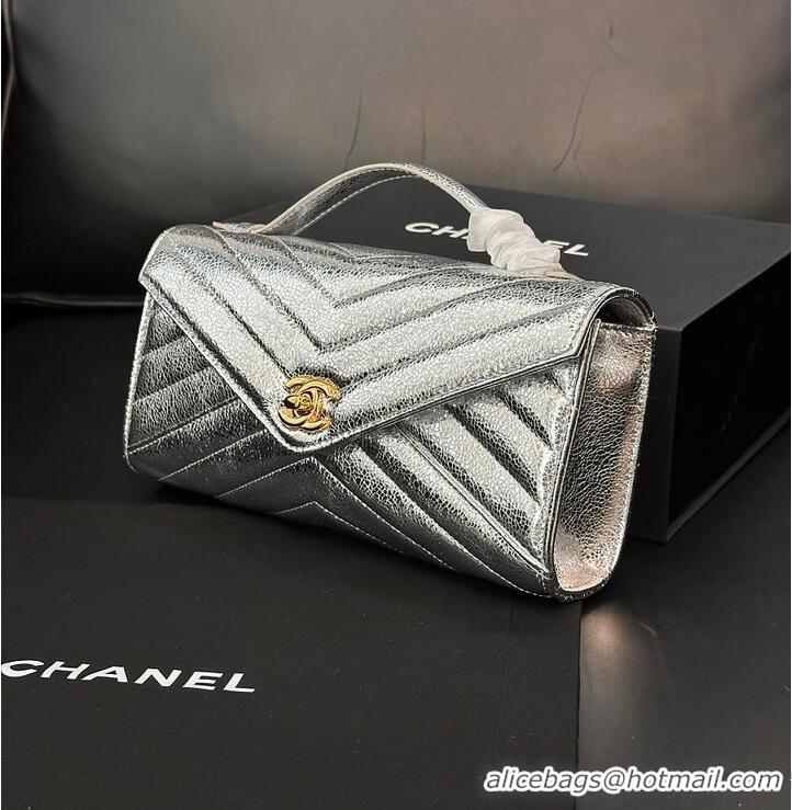 Shop Discount Chanel Metallic Aged Calfskin Chevron Quilted Top Handle Envelope Clutch AS6287 Silver 2026