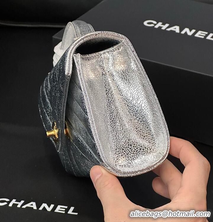 Shop Discount Chanel Metallic Aged Calfskin Chevron Quilted Top Handle Envelope Clutch AS6287 Silver 2026