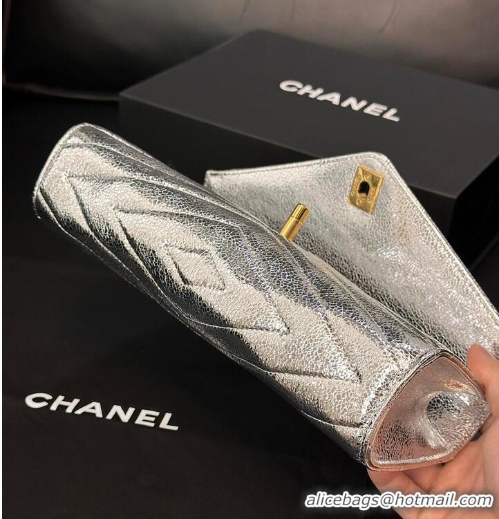 Shop Discount Chanel Metallic Aged Calfskin Chevron Quilted Top Handle Envelope Clutch AS6287 Silver 2026