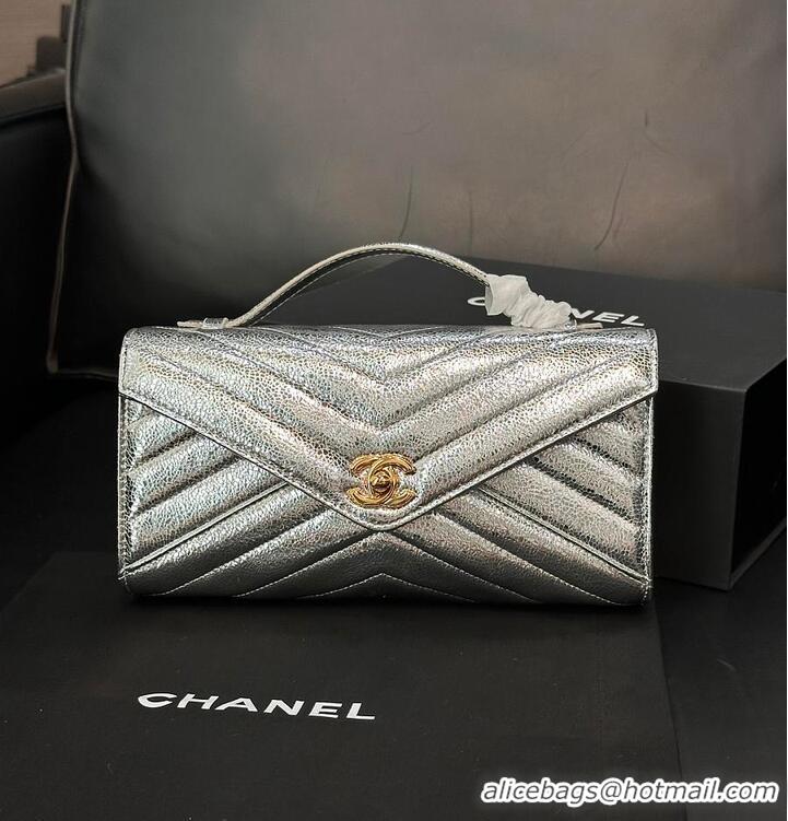Shop Discount Chanel Metallic Aged Calfskin Chevron Quilted Top Handle Envelope Clutch AS6287 Silver 2026