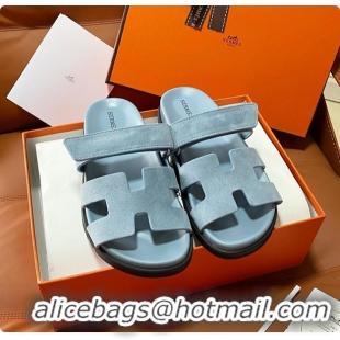 Good Quality Hermes Women’s Chypre Sandal Light Blue Suede 60702214