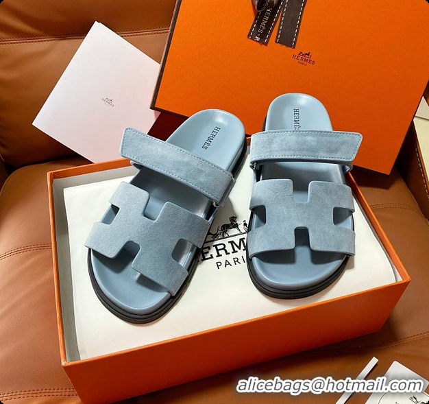 Good Quality Hermes Women’s Chypre Sandal Light Blue Suede 60702214