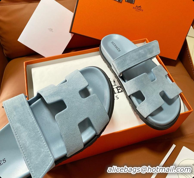 Good Quality Hermes Women’s Chypre Sandal Light Blue Suede 60702214
