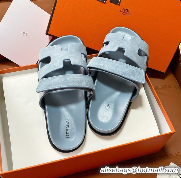 Good Quality Hermes Women’s Chypre Sandal Light Blue Suede 60702214