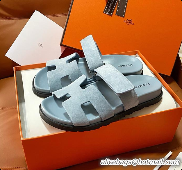 Good Quality Hermes Women’s Chypre Sandal Light Blue Suede 60702214